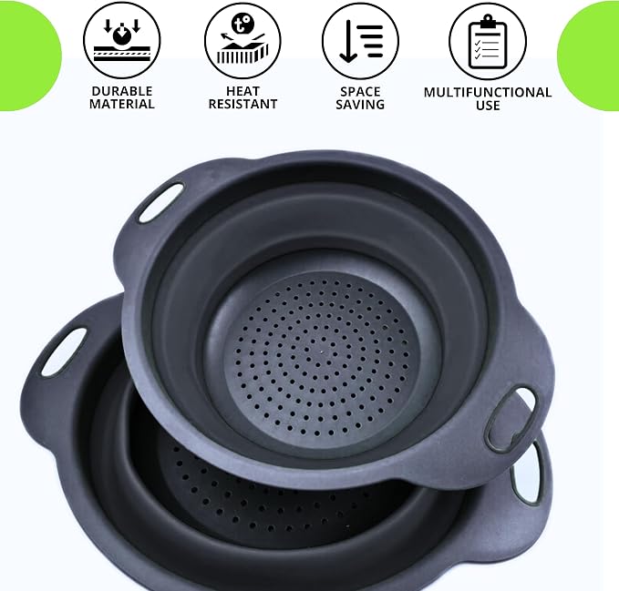 Small Food Strainer for Kitchen - Black Silicone Colander with Handle for Spaghetti and Pasta Multifunctional Colander for Camping