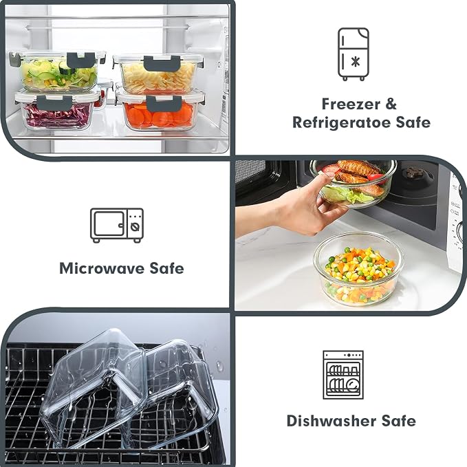 VERONES 30 Pieces Glass Food Storage Containers Set with Lids, Grey | Stackable Glass Meal Prep Containers Set with Lids, Airtight Lunch Containers, for Microwave, Oven, Freezer & Dishwasher