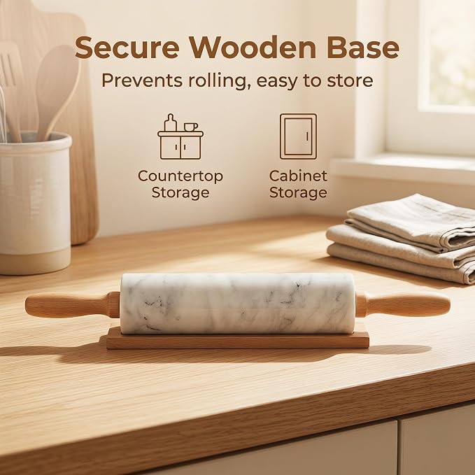 White Marble Rolling Pin for Baking 8inch Barrel，Dough Roller | With Wooden Handles & Wood Cradle, Non-Stick Dough Roller for Pizza, Pasta, Fondant, Pie Crust, Pastry & Cookies