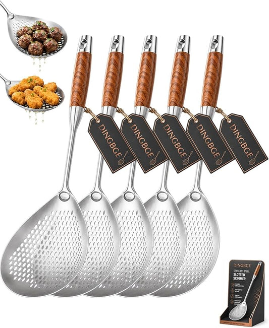 Wooden Handle Stainless Steel Skimmer Spoon Spider Strainer Slotted Scoop Frying Ladle Kitchen Gadgets Deep Fryer Cooking Draining Pasta Noodle Hot Pot Dumpling Seafood 304 Long(5PCS)