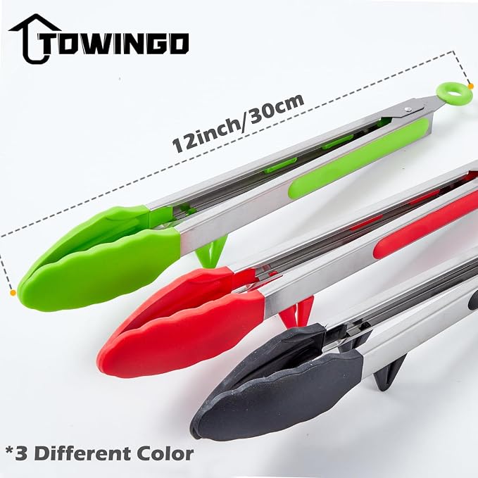 12" Kitchen Tongs, 3Pcs Tongs for Cooking with Silicone Tips, Food Grade Small Silicone Tong, Mini Serving Tongs for BBQ Salad(Black,Red,Green)