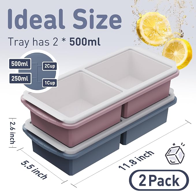 Silicone Freezer Tray with Lid Soup Freezer Container Molds with Steel Reinforced Rim Large Ice Cube Tray Makes 4 Perfect 2 Cup Portions Cubes Storage Food Housewarming Gift Kitchen Must Haves