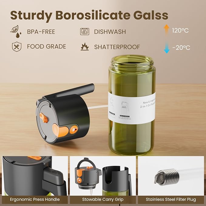 LAKUMIQI 2 in 1 Oil Sprayer for Cooking, 17oz | Light-Blocking Glass Spray Bottle with Stickers, Oil Dispenser for Salad, Air Fryer & BBQ
