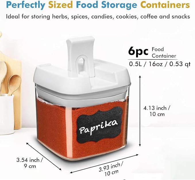 Shazo 6 PC Airtight Food Storage Containers + 6 Spoons Included - BPA Free Plastic Snack & Spice Containers with Easy Lock Lids - Kitchen and Pantry Organization for Herbs Coffee Tea - 0.5L / 2.1 Cup
