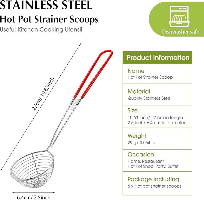 Geiserailie 6 Pieces Hot Pot Kit Strainer Scoops Stainless Steel 2.5 Inch Mini Spider Strainer Skimmer Pasta Mesh Spoon Asian Skimmer Spoon Ladle with Handle for Home (Red)