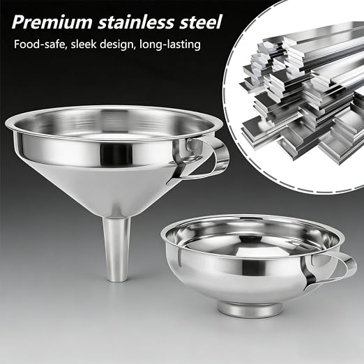 Stainless Steel 2 Pack Funnel Set Long Spout Funnel for Narrow Neck Bottles (Oil, Sauce) Wide Mouth Funnel for Mason Jars, Canning with 200μm Fine Mesh Strainer & Removable Filters (Large Set)