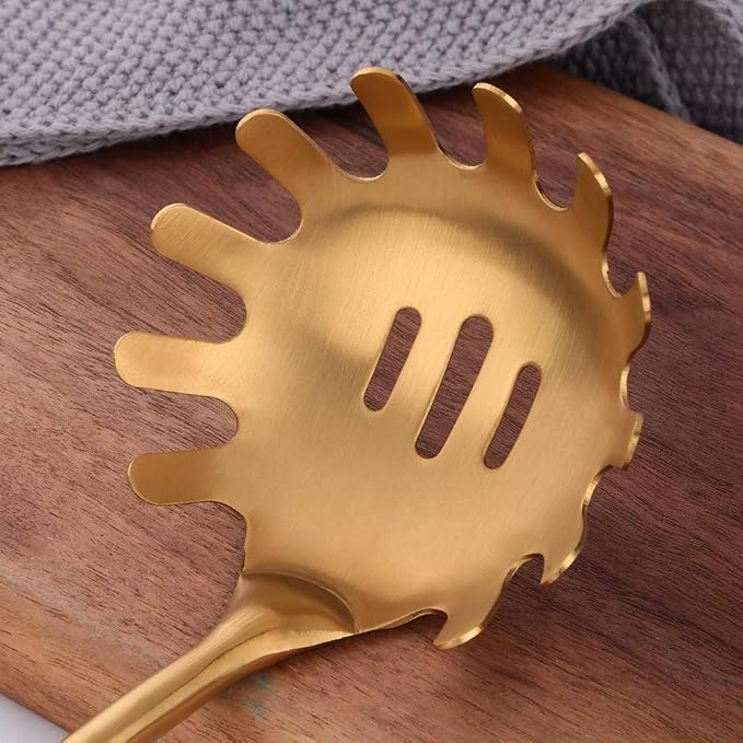 Stainless Steel Pasta Spoon Server,Kitchen Pasta Server, Ergonomic Handle & Heat Resistant Design - Kitchen Spaghetti Server Fork For Noodles, Pasta, More (gold)