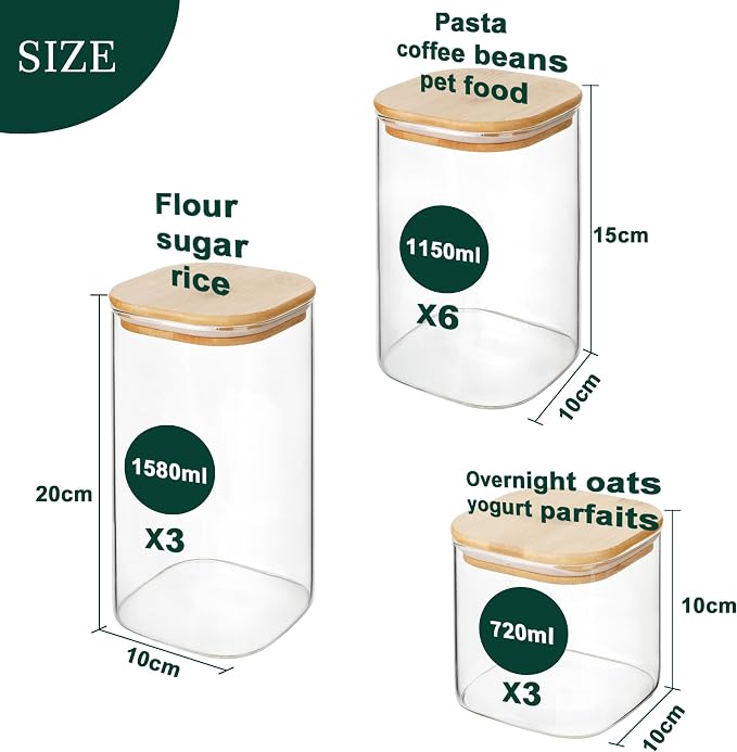LIBWYS 12-Pack Glass Pantry Storage Jars with Bamboo Lids(0.76/1.22/1.67Qt) | Stackable Dry Food Containers for Pantry Organization, Coffee, Flour, Snacks, Tea, Pasta, Spaghetti | Kitchen Canisters Set