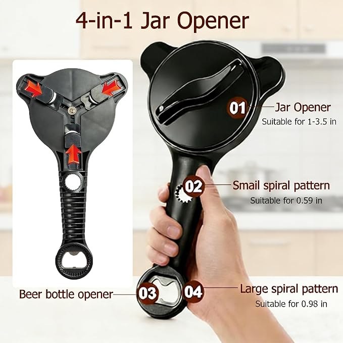 4-in-1 Jar Opener for Weak Hands, Adjustable Lid & Bottle Opener Black | Ergonomic non-slip grip for arthritis hands, opens jars bottles cans, adjustable multi-size lid remover, durable kitchen tool