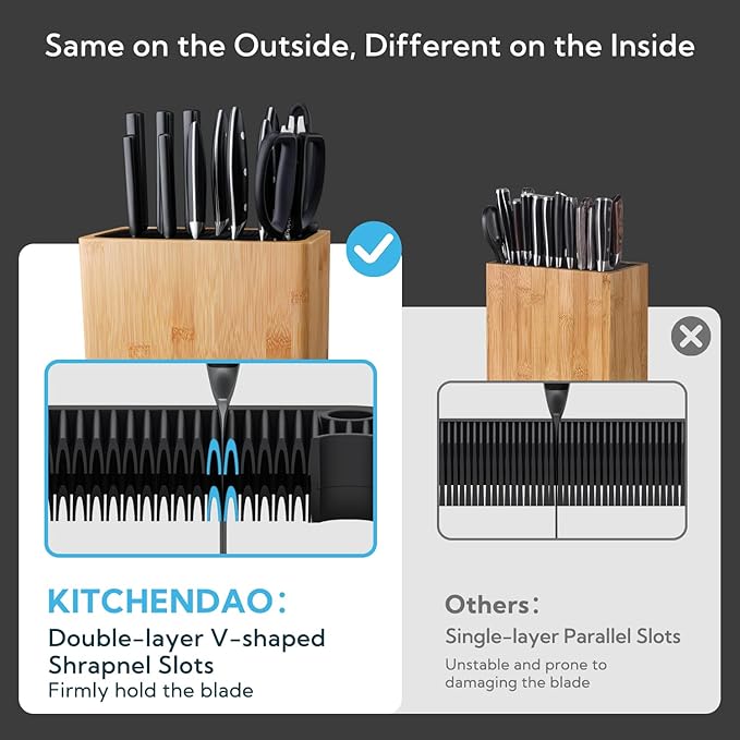 KITCHENDAO XL Bamboo Universal Knife Block Holder with Slots for Scissors and Sharpening Rod, Safe, Space Saver Knives Storage Stand Display without Knives, Unique Slot Design to Protect Blade