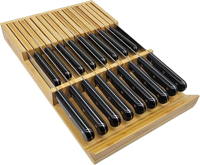 Natural Bamboo In-Drawer Knife Block, 17 Slot Large Capacity Knives Organizer, Upper and Lower Kitchen Steak Knife Storage Rack - Holds 8 Short + 9 Long Knives