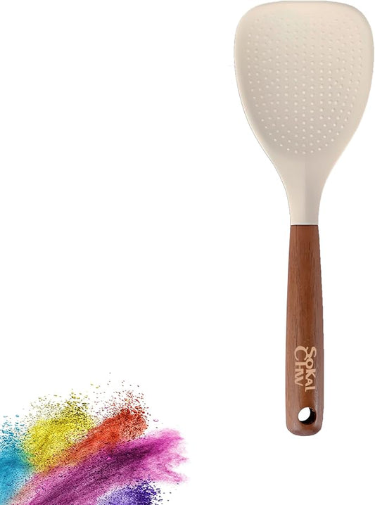 Spatula Spoon and Rice Spoons with Wooden Handle, Food Grade Silicone Great for Cooking, Mixing, Scooper, Scrape, Non stick Heat Resistant (white, Rice set 1 pcs)