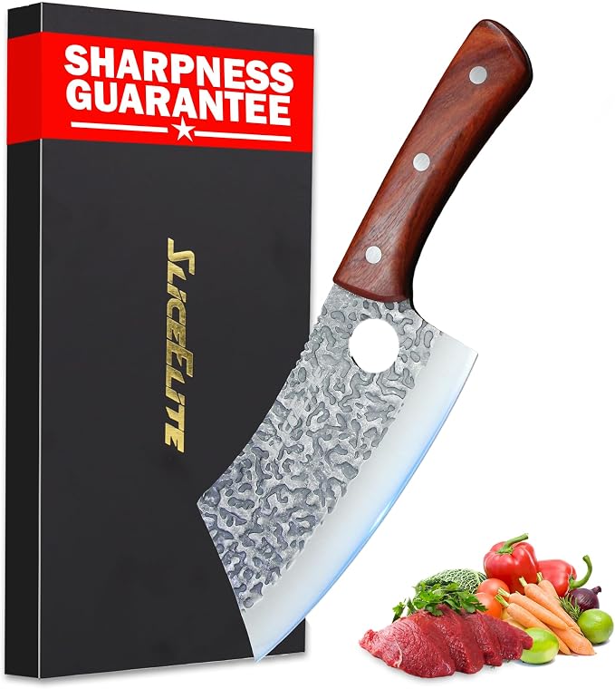 Meat Cleaver Forged Butcher Knife Meat Cutting Knife Kitchen Knives BBQ | Chopping, Slicing, Kitchen, Grilling, Outdoor Cooking, Food Prep, Hammered Pattern Forged Steel, Full Tang, Sandalwood Handle