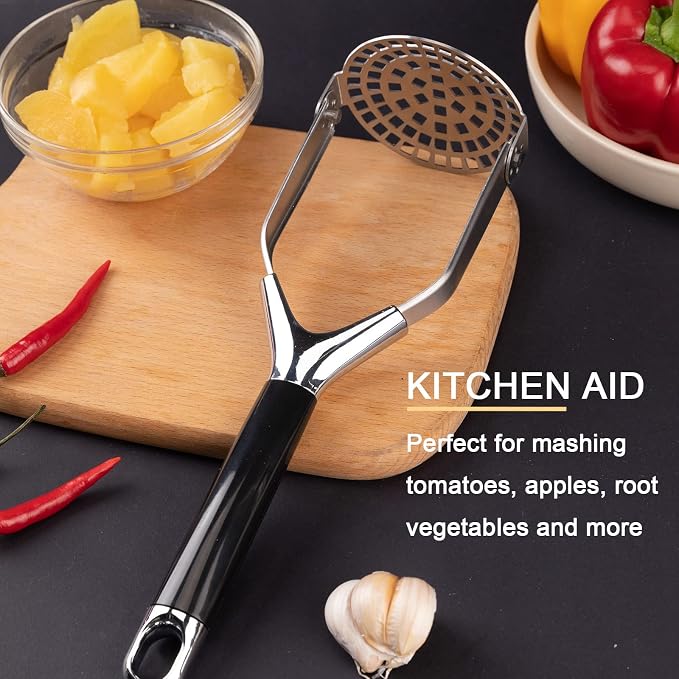 Mashed Potato Masher Stainless Steel Foldable Non Stick 12 Inch Long Handle Heavy Duty Smasher Kitchen Tool,Potato Masher and Peeler for Avocado, Bean, Baby Food, Silver