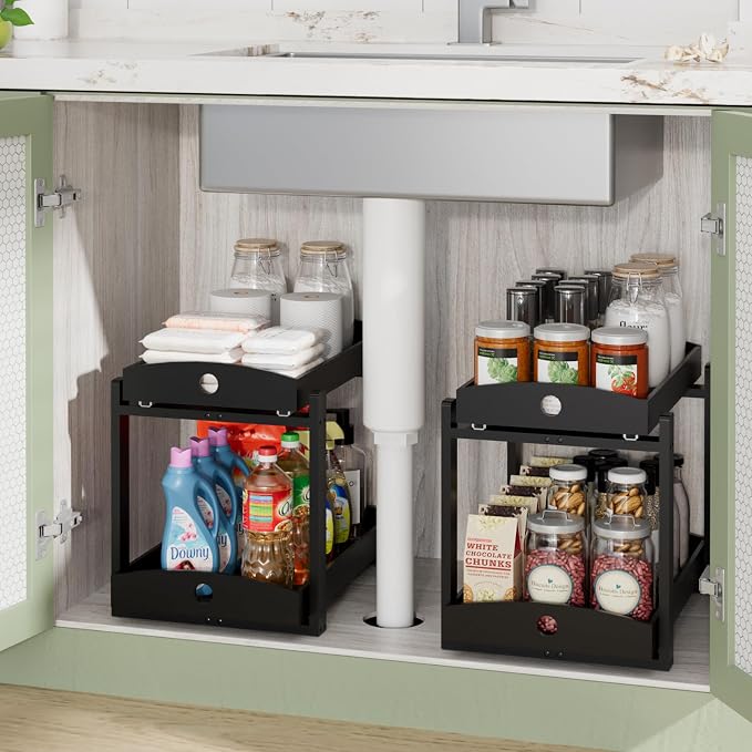 2 Pack Bamboo Under Sink Organizer, 2-Tier Pull-Out Drawers, Kitchen & Bath | Pull-out drawers keep cleaners and tall bottles visible, organized and easy to reach in kitchen or bathroom cabinets