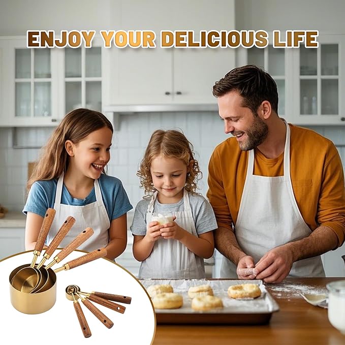 Premium Stainless Steel Measuring Cups and Spoons Set with Wood Handle | 8-Pieces Kitchen Essentials for Baking, Cooking, Coffee with Ergonomic Grip & Engraved Markings (Gold8)