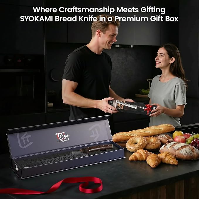 SYOKAMI 2026 New Upgraded Offset Bread Knife for Homemade Bread, 10.5 Inch Resharpenable Serrated Knife, Ultra-Sharp Sourdough Slicing, Perfect Kitchen Gift, Designed for Cutting Cakes, Fruits & Meat