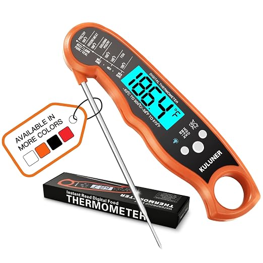 KULUNER Digital Meat Thermometer Instant Read, Orange Waterproof Food Thermometer with 4.6" Folding Probe, Backlight & Calibration, 2-3s Fast Reading for Kitchen BBQ Grilling Cooking - Orange