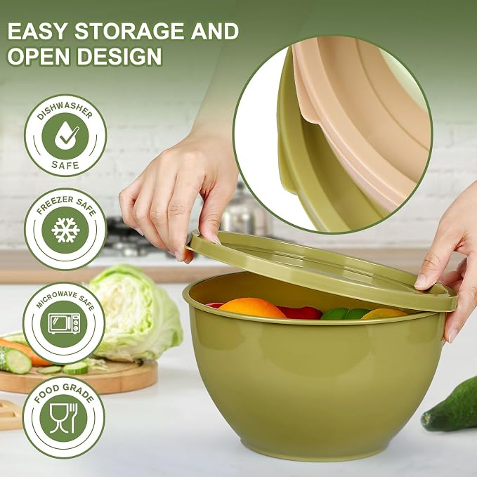 Greentainer Plastic Mixing Bowls with Lids Set for Kitchen, 5 Set Nesting Bowls for Mixing, Baking, Prepping, Cooking and Serving Food, Mixing Bowls Dishwasher, Microwave Safe