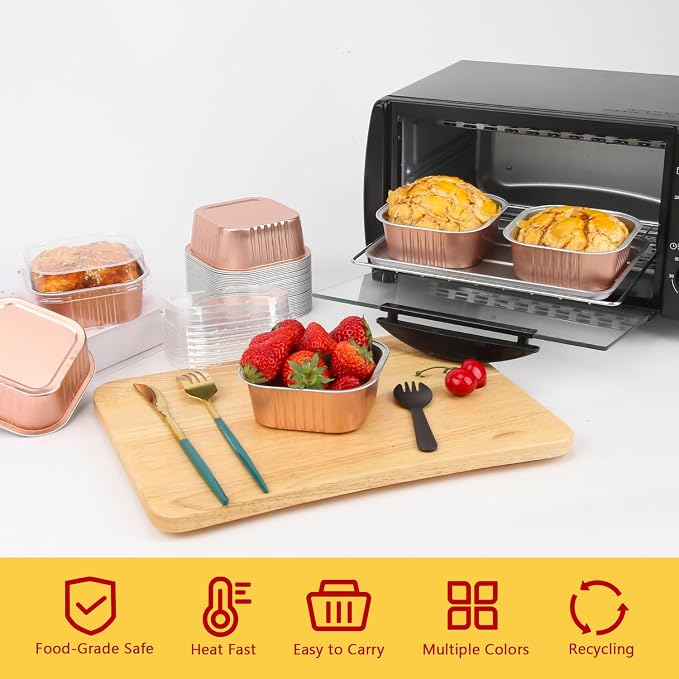 LNYZQUS 10oz/80pack Mini Cake Tins with Lids, 4”x4” Mini Foil Pans Disposable Brownie Baking Cups, Small Aluminum Bread Muffin Pan Jumbo Cupcake Containers Holders-Champagne