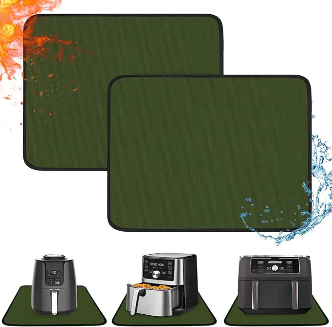 2 PCS Heat Resistant Mats for Countertop Air Fryer, 24x16in, Green | 1022 ℉ Fireproof mat, air fryer accessories for ninja, cosori, waterproof hot pads for kitchen toaster, oven, coffee maker