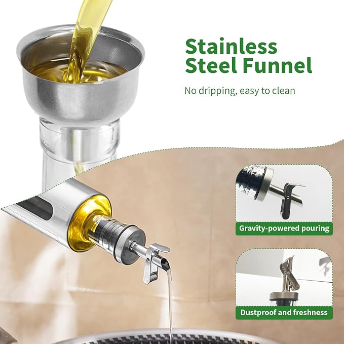 10oz/300 ml Oil and Vinegar Dispenser Set with Tray, 2 Pack Oil Dispenser | Vinegar and Sauce Bottle Wrapped in Stainless Steel Shell with Pourer and Funnel for Kitchen Cooking