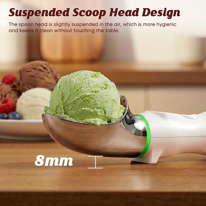 Heated Ice Cream Scoop, Rechargeable Electric Ice Cream Scoop with LED Display, 3 Heat Levels 122°F/140°F/158°F, Nonstick Ice Cream Scooper for Hard Ice Cream, Gelato, Frozen Yogurt & Sorbet (White)
