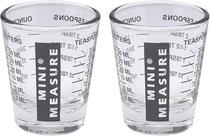 Kolder Mini Measure Heavy Glass, 20-Incremental Measurements Multi-Purpose Liquid and Dry Measuring Shot Glass, Black, Set of 2
