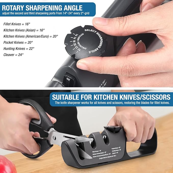 Adjustable Angle Pocket & Kitchen Knife Sharpener – 3-Stage Manual Sharpener for Steel, Ceramic & EDC Knives with Scissors Slot, Non-Slip Base & Ergonomic Handle