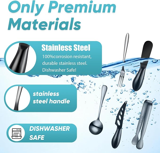 Patelai Charcuterie Board Accessories Cheese Spreader Knife Set Charcuterie Utensils Butter Knife Stainless Steel Mini Serving Tongs Spoons Appetizer Forks for Pastry(Black,18 Pieces)