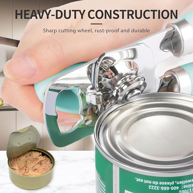 Safring Can Opener Manual, Heavy Duty Stainless Steel Smooth Edge Can Openers With Soft Touch Handle, Oversized Handheld Easy Turn Knob, Multi-Function Bottle Opener, Aqua Sky