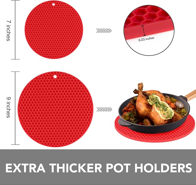 4 Pack Silicone Trivet for Hot Dishes | Heat Resistant Silicone Pot Holders for Kitchen Countertops, Hot Dishes, Jar Opener, Spoon Holder, Easy to Wash and Dry, Red