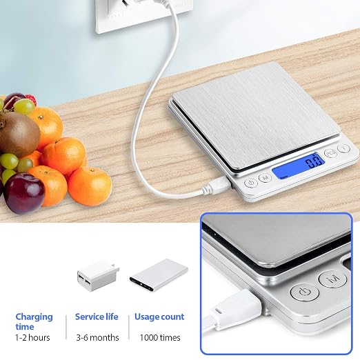 Food Scale, Rechargeable Kitchen Scale with Trays 3000g/0.1g, Mini Scale with Tare Function Digital Scale Grams and Ounces for Weight Loss, Dieting, Cooking, Meal Prep, Coffee, Jewelry