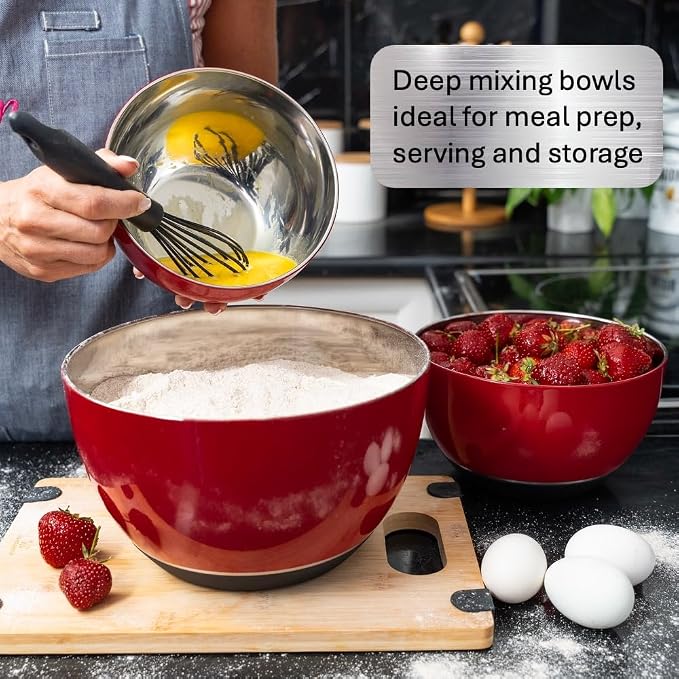 Stainless Steel Mixing Bowls Set, 3-Piece with Silicone Base | 1.5, 3 & 5 Qt Metal Bowls for Meal Prep, Baking, Cooking, Serving & Food Storage, Non-Slip Base, Dishwasher Safe, Red