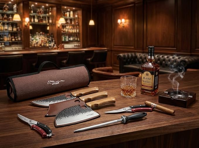 9 PCS Butcher Viking Camping Knife Set, 7" Serbian Chef Knife, 7" Butcher Meat Cleaver, 6.5" Viking Knife, 3 Knife Sheath, Honing Steel, Poultry Shears and Knife Roll Bag (Stylish Horse Pattern)