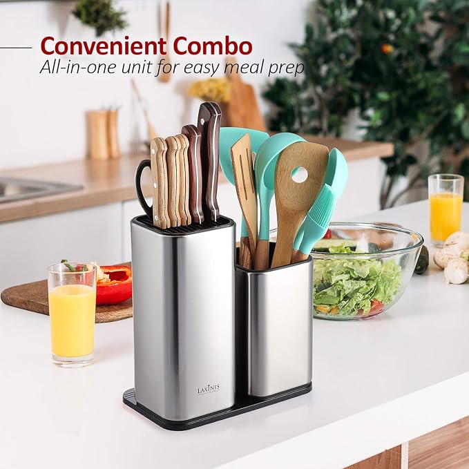 Knife Holder and Utensil Holder - Stainless-Steel Modern Rectangular Design Universal Knife Block and Kitchen Utensils Organizer for Counter-top
