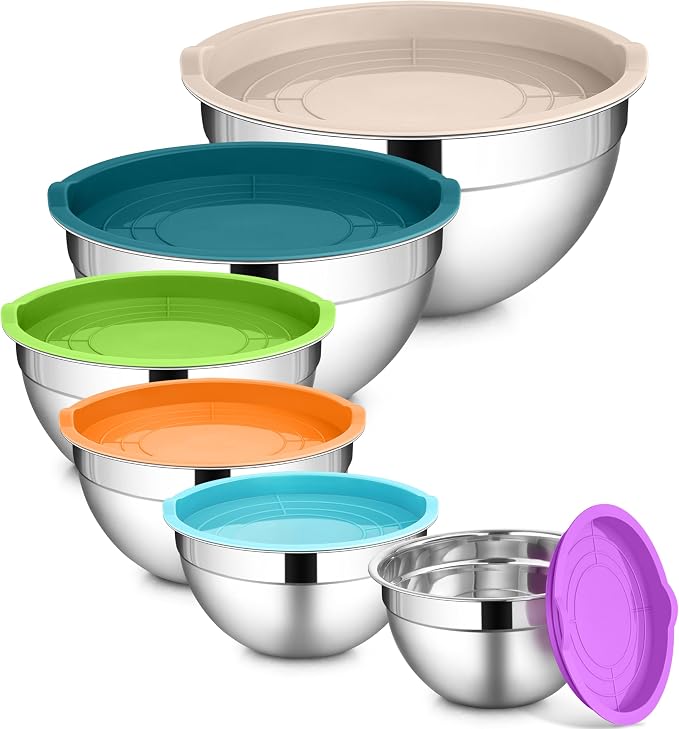LIANYU Mixing Bowls with Lids Set, Large 7 & 3.5 & 2.5 & 2 & 1.5 & 1QT | 6 Piece Stainless Steel Serving Bowls, Kitchen Metal Nesting Bowl for Cooking, Food Storage, Dishwasher Safe, Multi-Color