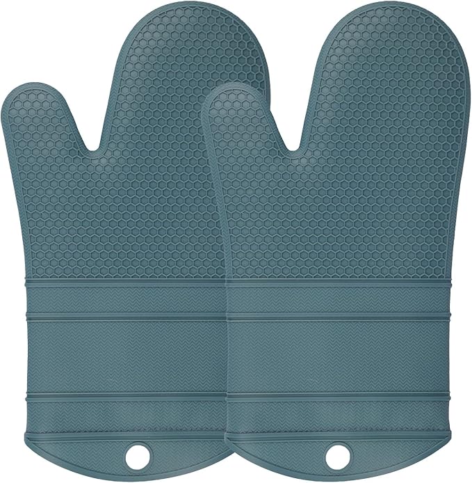 YUTAT Silicone Oven Mitts,Heat Resistant 500F Kitchen Mitts 2PCS,Waterproof Cooking Gloves with Soft Polyester Filling for Kitchen Cooking Baking BBQ - Agave