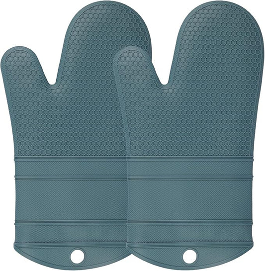 YUTAT Silicone Oven Mitts,Heat Resistant 500F Kitchen Mitts 2PCS,Waterproof Cooking Gloves with Soft Polyester Filling for Kitchen Cooking Baking BBQ - Agave
