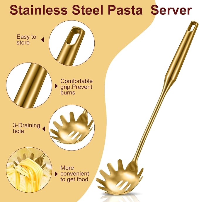 Patelai Stainless Steel Spaghetti Spoon and Pasta Tongs Set, Long Handle Noodle Server Tools with Drain Holes, Non-slip Grip for Cooking, Serving Pasta and Noodles