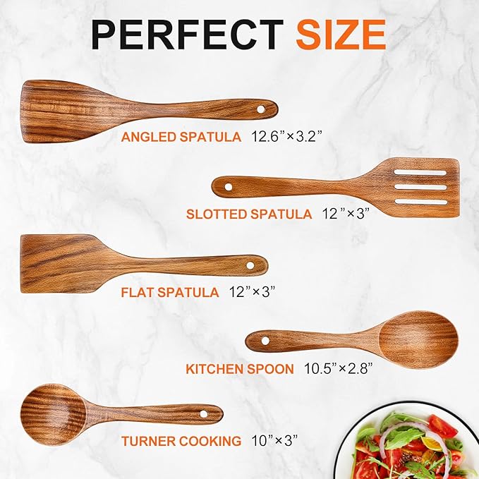 5 Pcs Best Wooden Spoons for Cooking Kitchen Utensils Set Acacia Wood Cooking Spatula Turner Non Toxic Utensil Slotted Serving Spoon Flat Spatulas Set Wooden Utensis Mixing Cooking Spoon