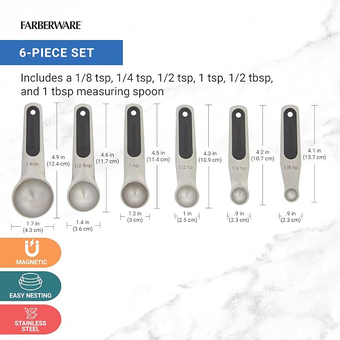 Farberware Professional Stainless SteelMeasuring Spoons Precision and Ease in Every Scoop, Features Magnetic Handles for Easy Storage, Dishwasher Safe