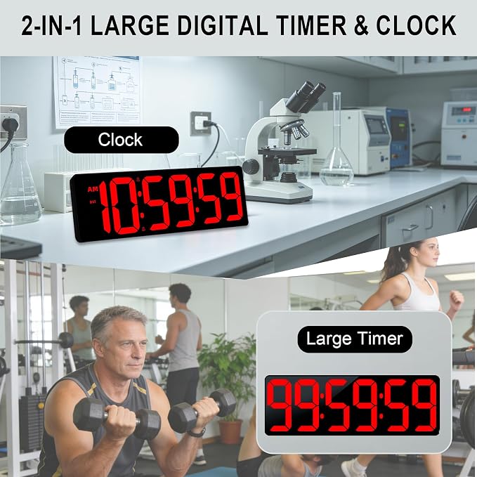 TXL 17.2" Large Digital Timer Clock, Countdown Timer for Classroom Home Gym Kitchen Office, LED Wall Clock with Remote Control, 4 Dimmable Brightness, 12/24H, Auto DST(Red)