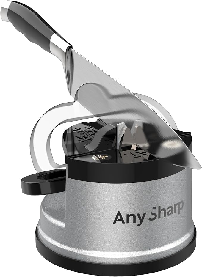 AnySharp – GLOBAL – Hands Free Knife Sharpener - Easy to Use Sharpening Tool with PowerGrip Suction Base and 20-Degree Pre-set Angle - For All Knives: Chef’s, Serrated, and Hardened Steel - Silver