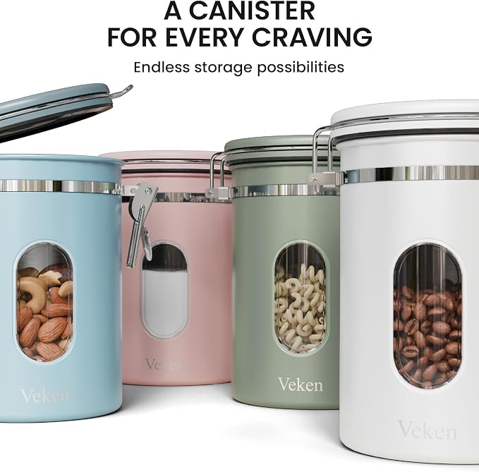 Veken Coffee Canister with Window, Airtight Stainless Steel Container, 22OZ | Date Tracker,Kitchen Food Storage Organizers for Beans, Ground, Espresso, Rice,Tea, Sugar,Cereal, Gifts,Lids,Jars,Scoop, Pink