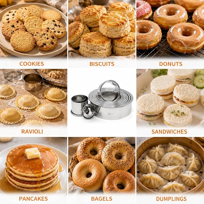 HUJI Round Pastry Dough Cutter Set For Baking Cookies Biscuits Donuts Scones Heavy Duty (1 Pack, Set of 11 Round Cutters)