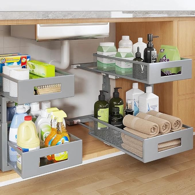 Under Sink Organizer,2-Tier Dual Pull Out Cabinet Organizer Drawers With Smooth Circular Rail,Large Capacity Metal Mesh Sliding Shelves For Bathroom& Kitchen Storage,Height Adjustable–Gun Gray,2 Packs
