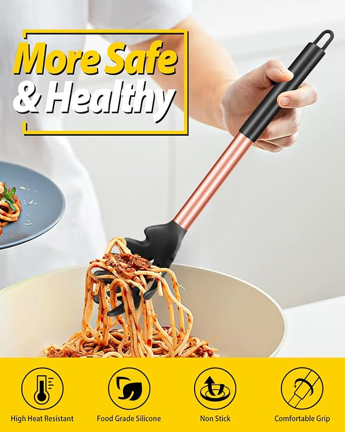 Pack of 2 Silicone Pasta Fork, Kitchen Heat Resistant Noodle Spoon Server, BPA Free Spaghetti Strainer, Best Cooking Tools (ROSE GOLD BLACK-KHAKI)