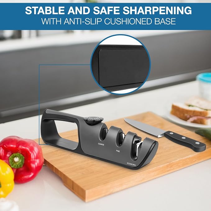 Adjustable Angle Pocket & Kitchen Knife Sharpener – 3-Stage Manual Sharpener for Steel, Ceramic & EDC Knives with Scissors Slot, Non-Slip Base & Ergonomic Handle