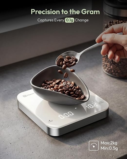Maestri House S2 Espresso Coffee Scale with Timer 0.1g Precision Shot Scale | USB-C Rechargeable, Dual Timing Modes, 2kg/0.1g Digital Scale with Borosilicate Glass Top for Espresso and Pour-Over Brewing